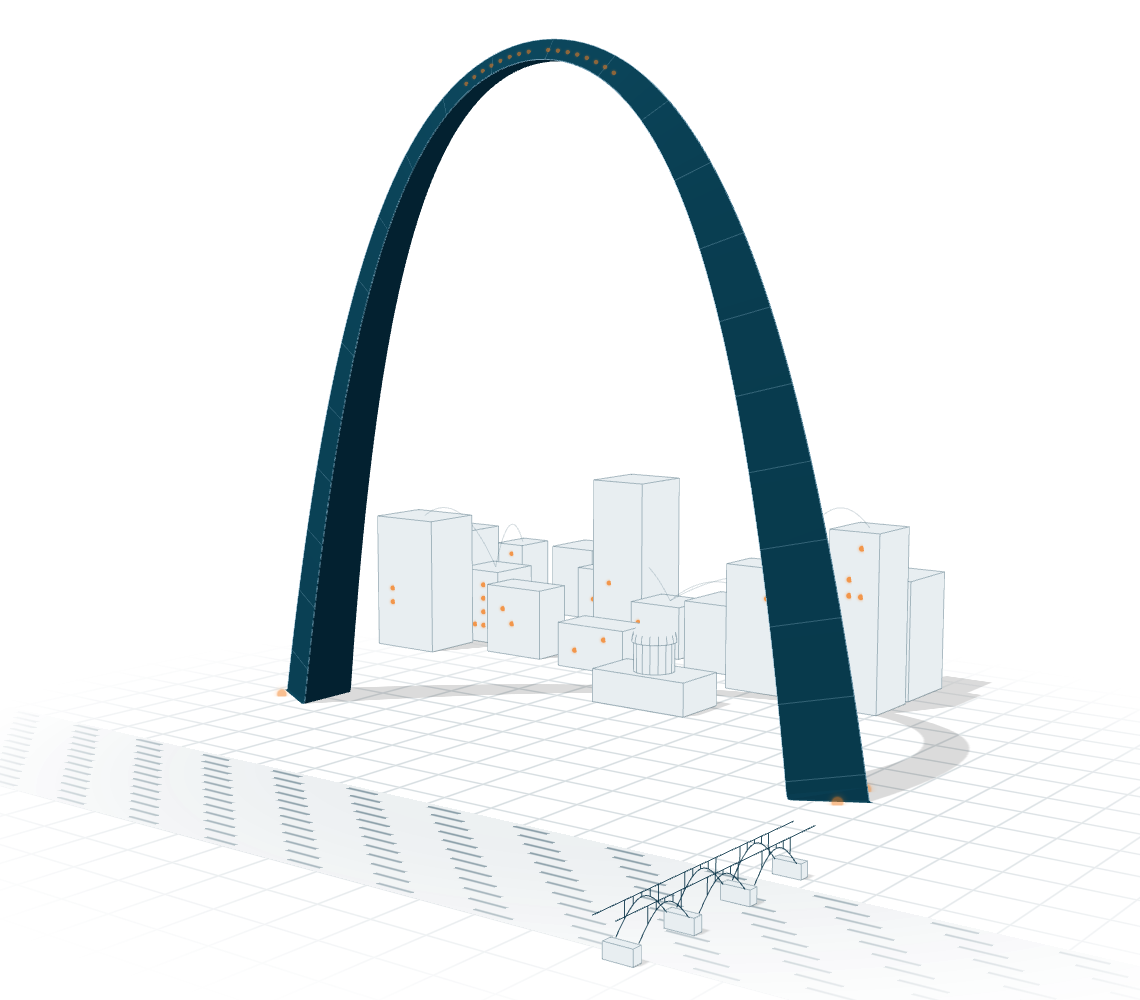 Illustration of the St. Louis Gateway Arch with the downtown skyline behind it