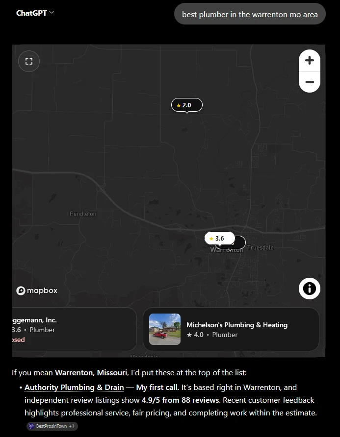 ChatGPT answering "best plumber in the warrenton mo area" by recommending Authority Plumbing & Drain first